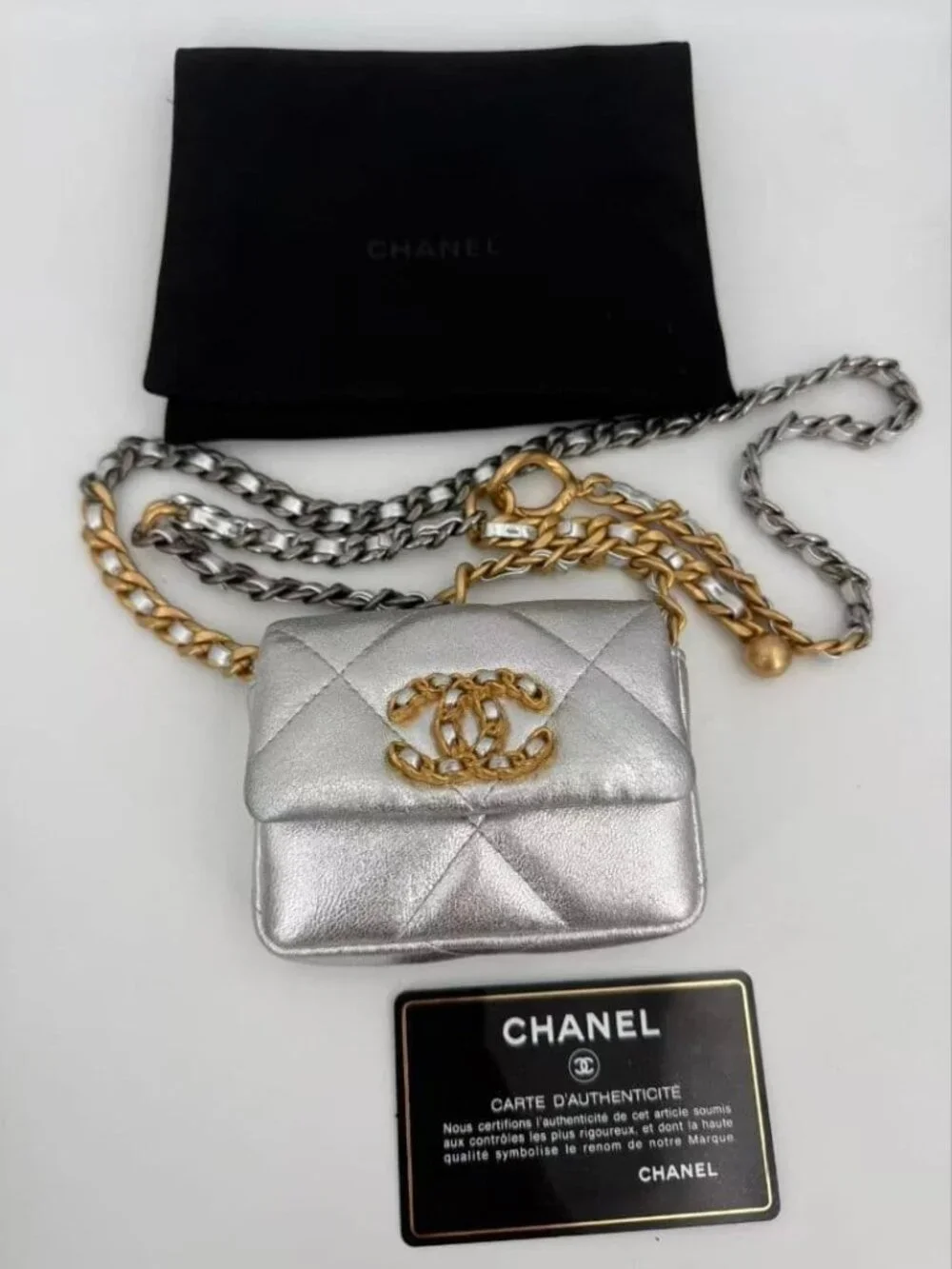 Chanel 19 Quilted Metallic Silver Chain Waist Pouch